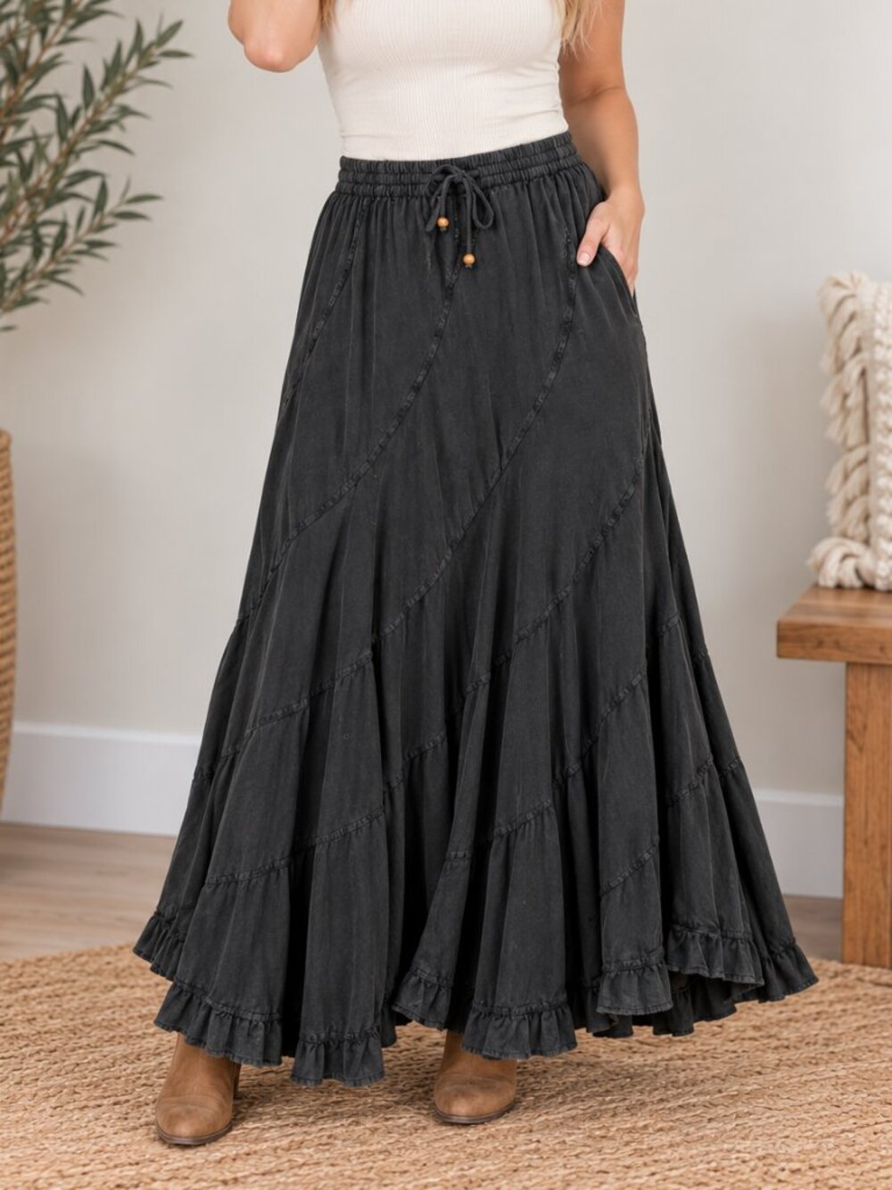 459. PLUS Women's Plus Dark Gray Stonewashed Rayon Boho Skirt